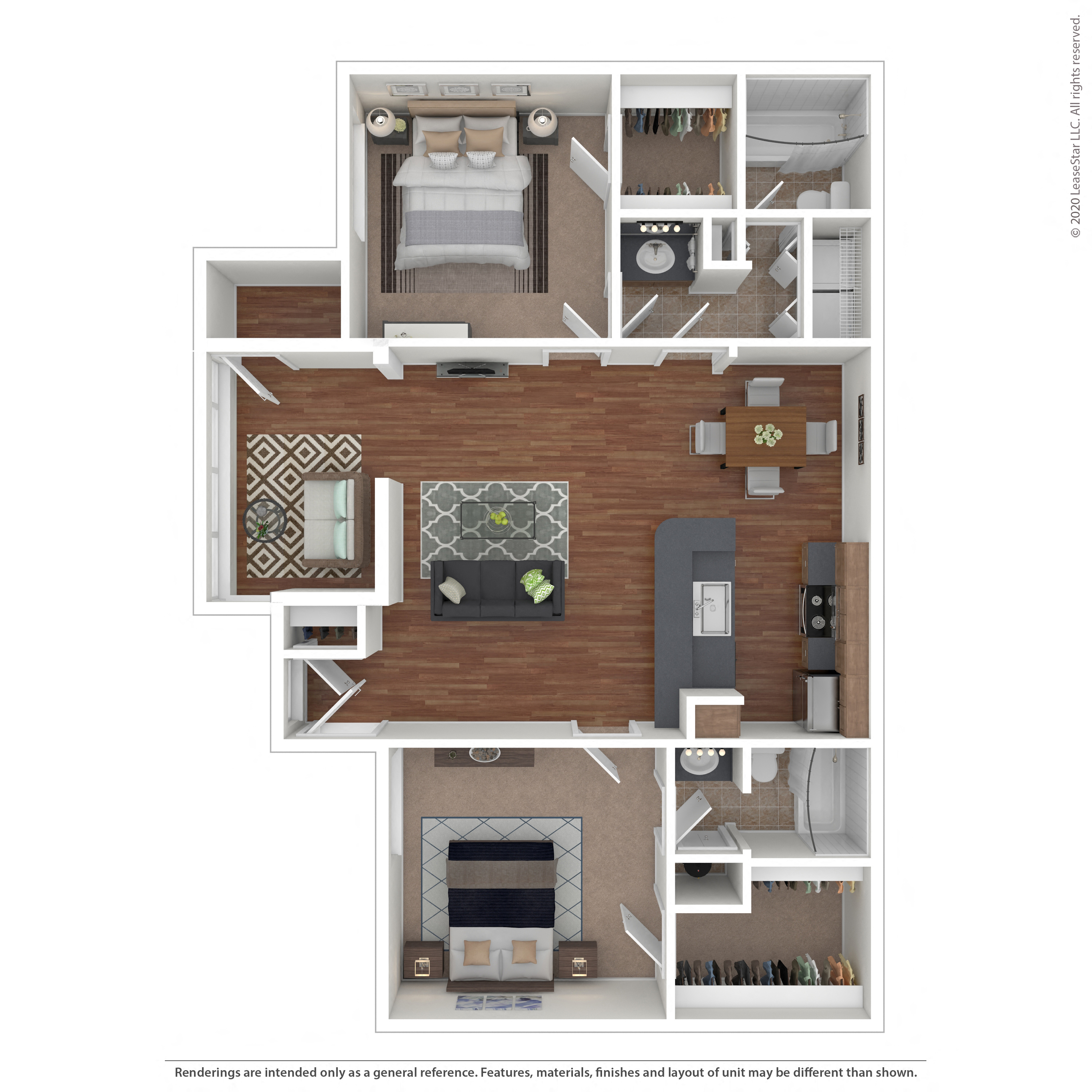 Floor plan for 2 beds, 2 baths, 1050 sqft